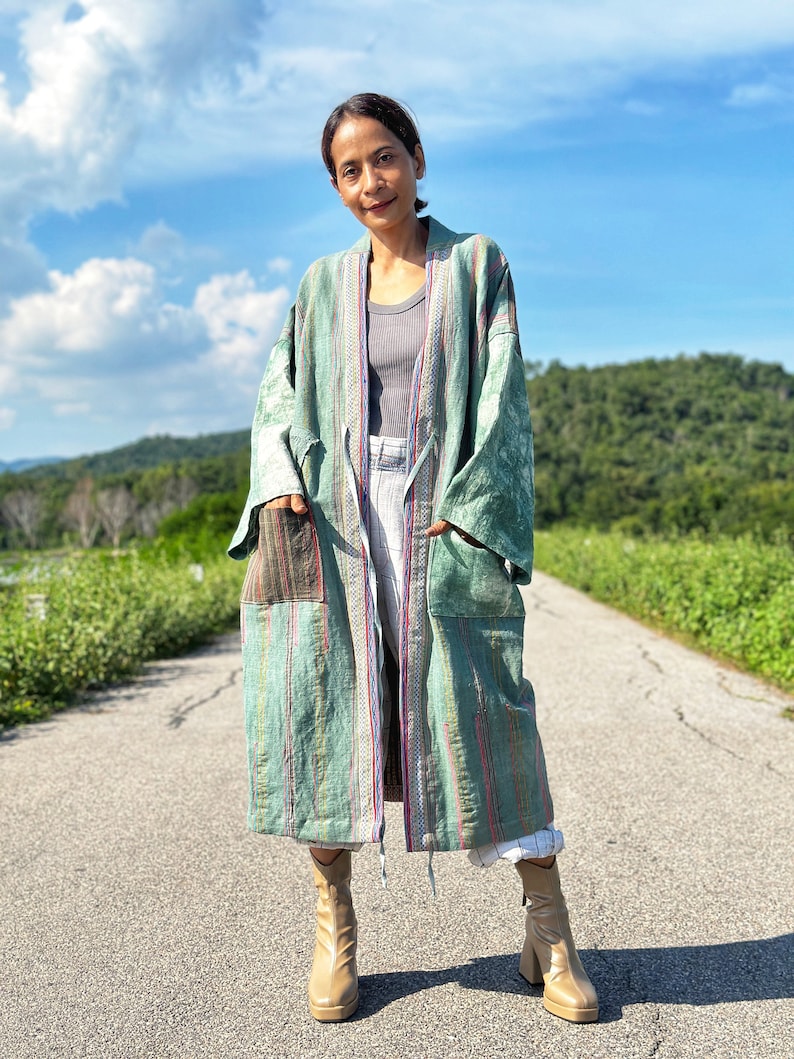 Open front cardigan, Green hemp coat, Handwoven hemp duster , Soft green tie dye coat with Hmong embroidery details image 2