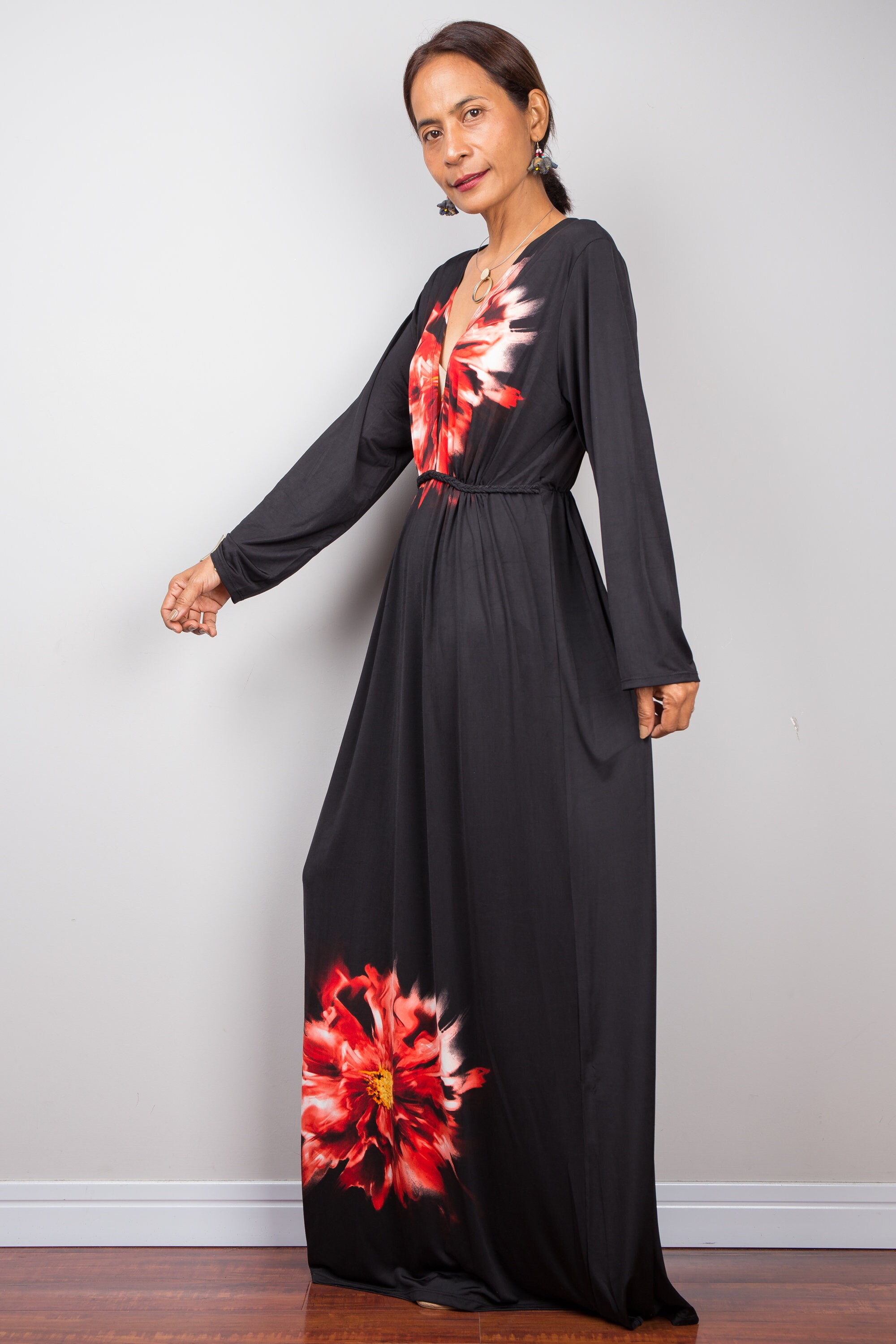 Floral Maxi Dress, Black Dress With Red Flower Print, Long