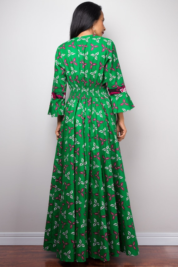 Green Boho Dress | Cotton Maxi Dress | Blouson Dress | Gypsy Dress With  Pockets | Salsa Dress - Etsy