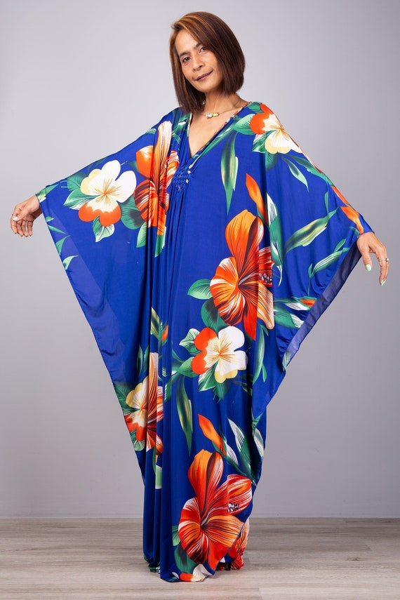 Floral Kaftan Maxi Dress Blue Dress for Women Batwing Caftan