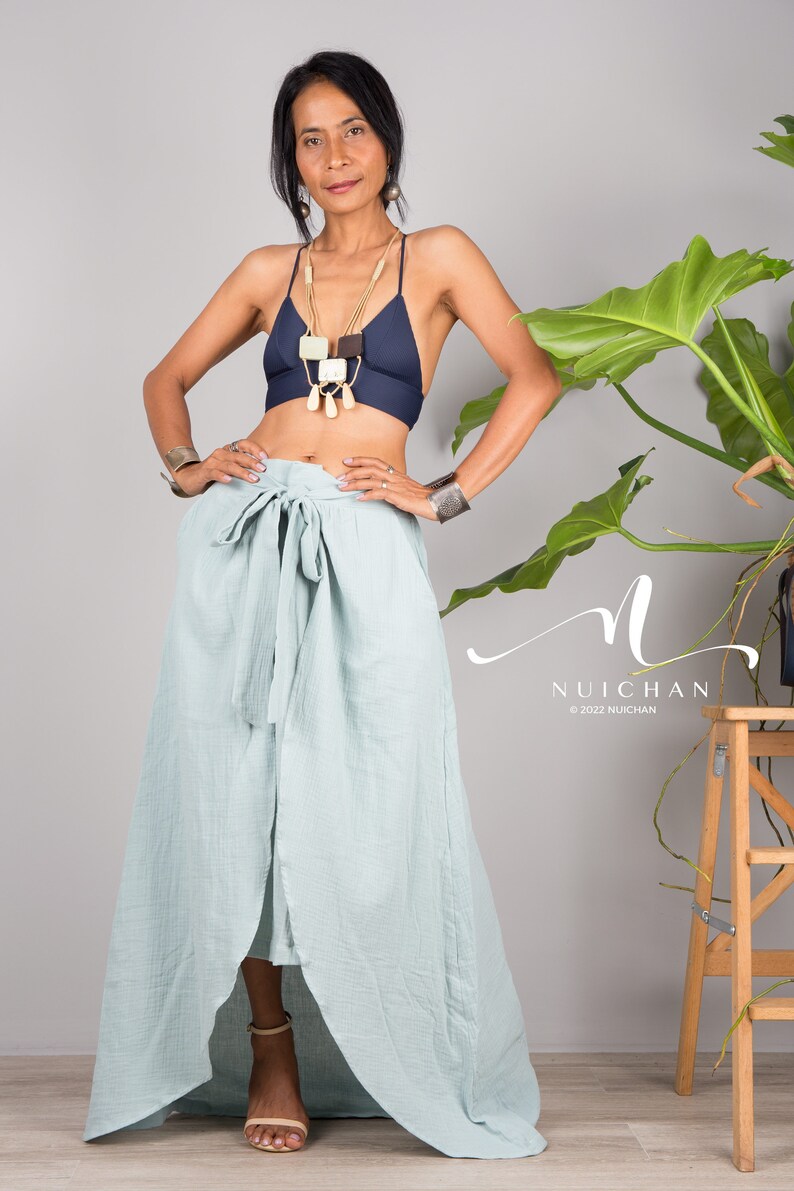 Cotton Wrap Skirt for women. A cotton gauze summer Skirt.  Asymmetrical organic cotton skirt in soft green.  Beach holiday resort skirt.