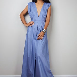 Sleeveless Blue Bridesmaid Dress, A High waist maxi dress with plunging neckline OS2 image 2