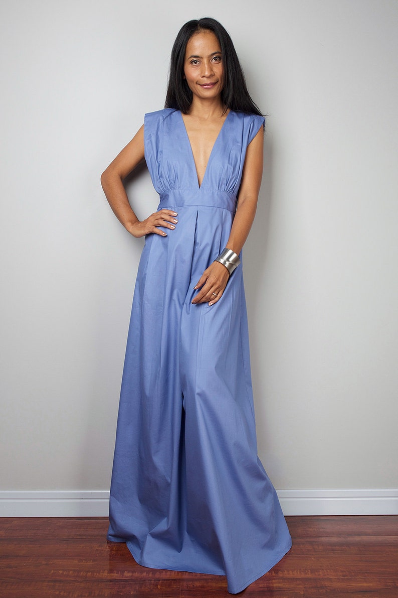 Sleeveless Blue Bridesmaid Dress, A High waist maxi dress with plunging neckline OS2 image 2