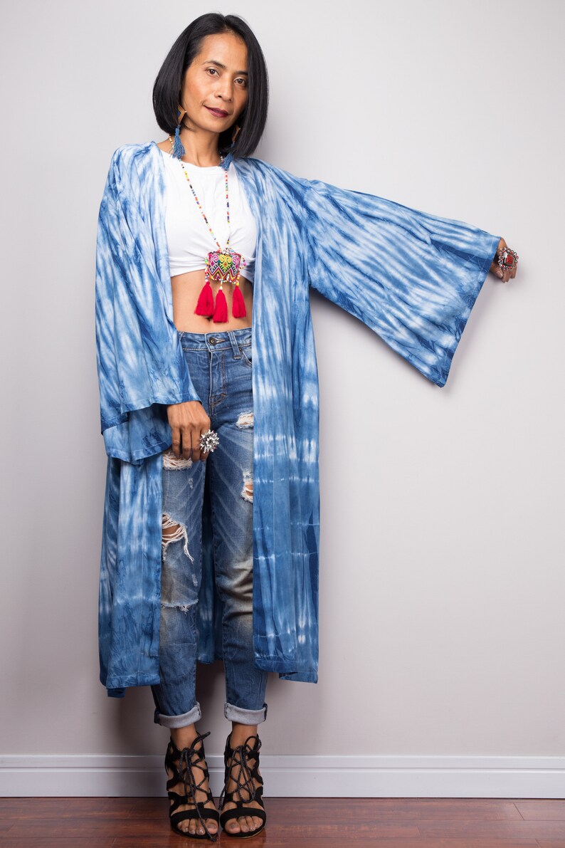 Shibori Kimono Cardigan, Tie dye duster vest, Summer Vest, Blue and white duster, Wrap Cape, Long Sleeved Cardigan, Indigo Beach cover image 2