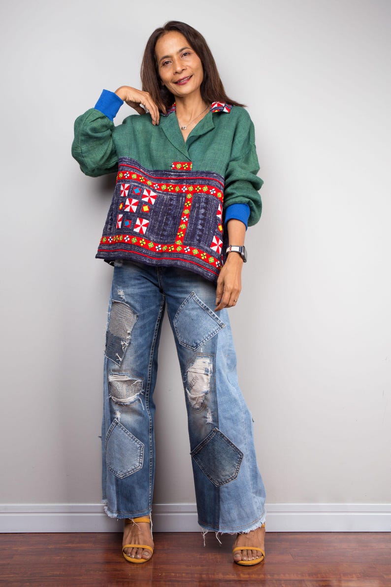 Patchwork pullover tunic top made from handwoven hemp and hill tribe fabric.