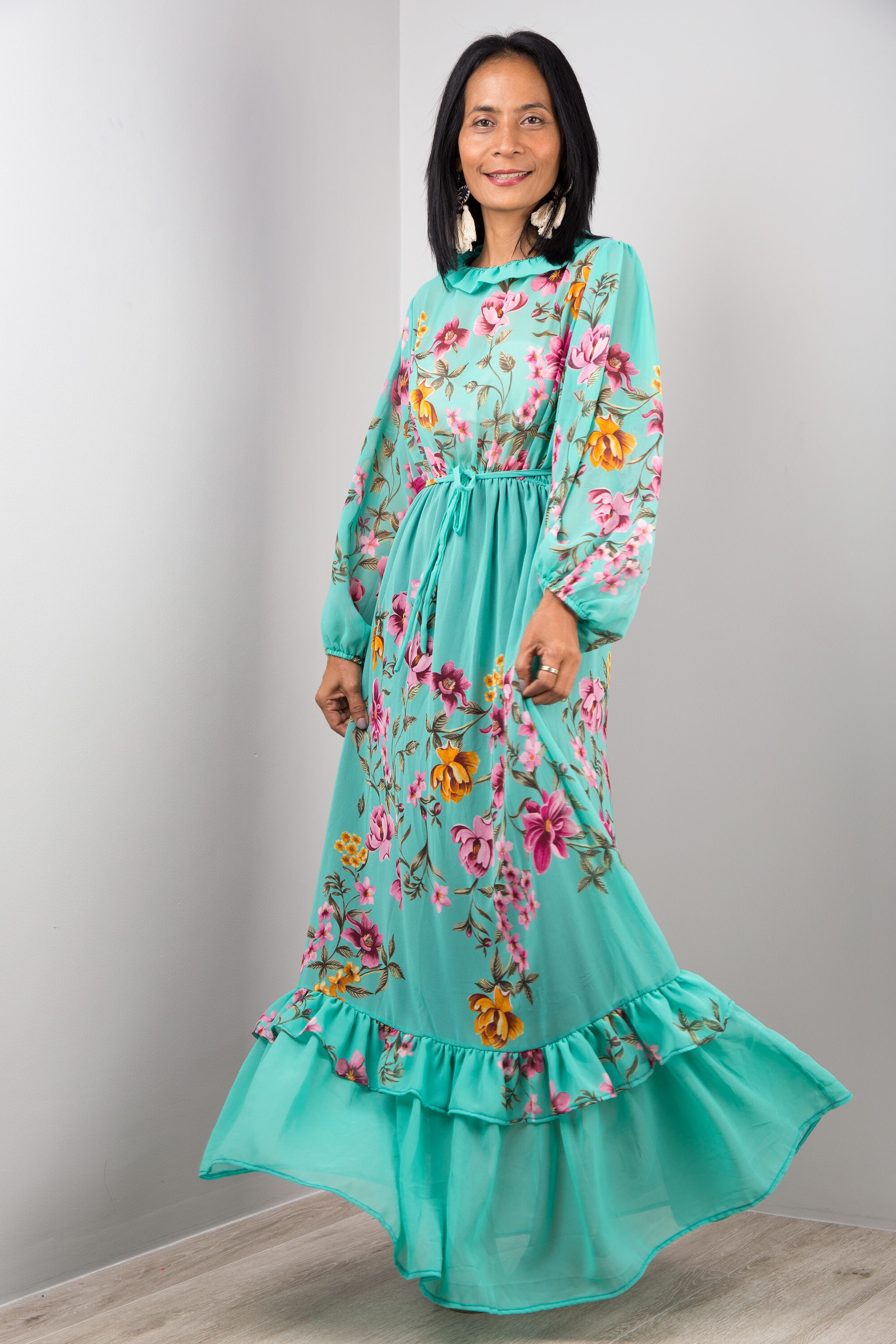 Floral Chiffon Maxi Dress Long Sleeves Modest Gown Dress With