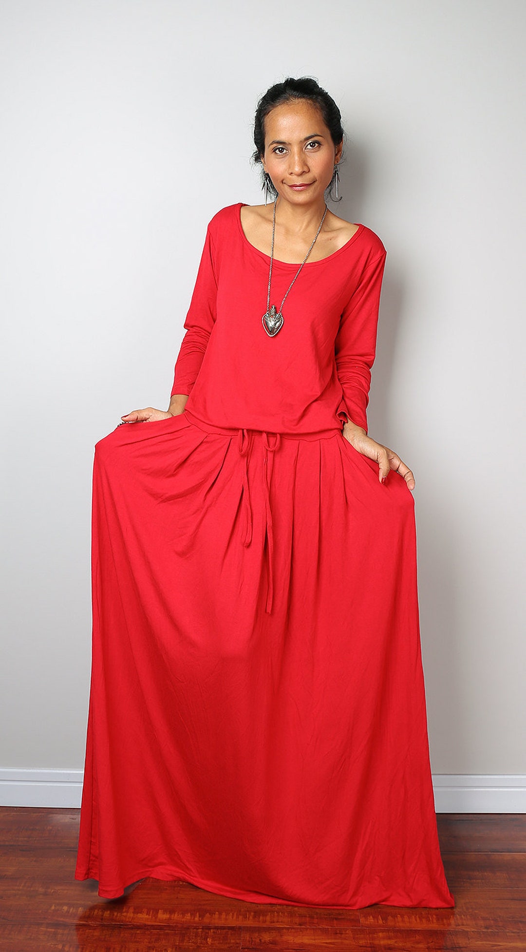 Red dress with Long Sleeves and pockets, Women's maxi dress with pleated skirt and drawstring at waist, Minimalist holiday dress