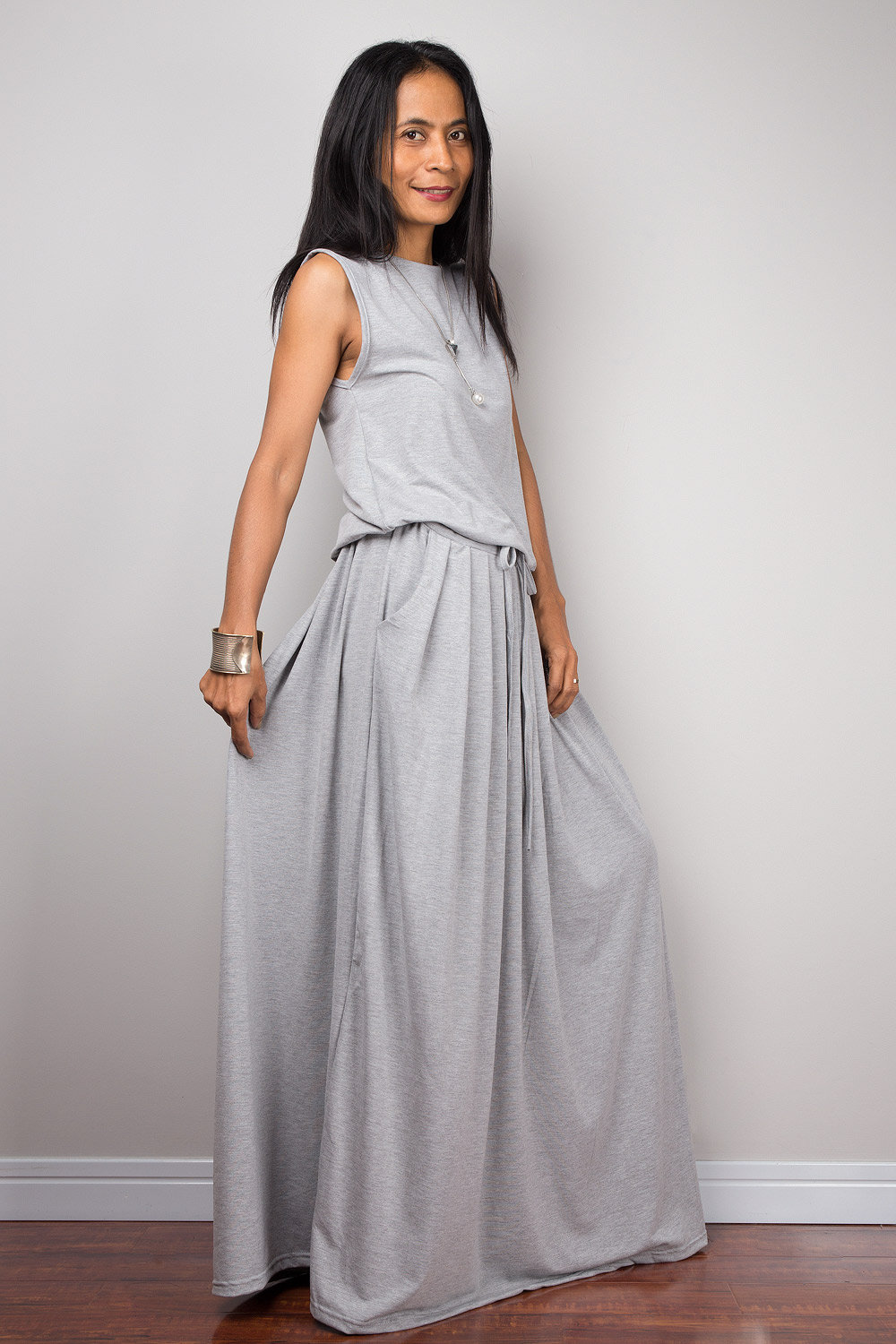 Plus size grey sleeveless long handmade maxi dress with | Etsy