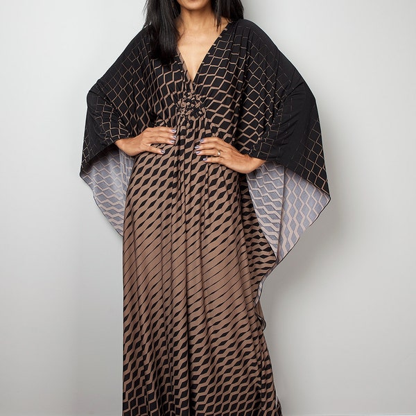 Vestido de Boho Maxi Kaftan vestido - negro y marrón: Funky elegante colección No.1