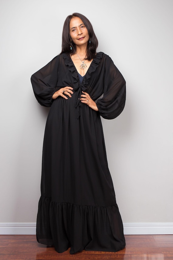 Black Chiffon Maxi Dress, Sheer Boho Ruffle Long Dress Black Chiffon Maxi Dress, Sheer Boho Ruffle Long Dress
