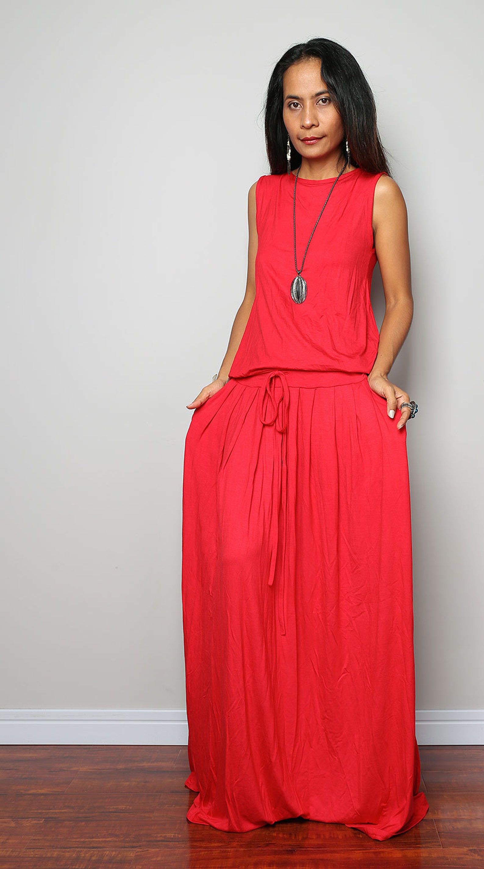 Plus Size Sleeveless Red Maxi Dress High Waist Pleated Etsy