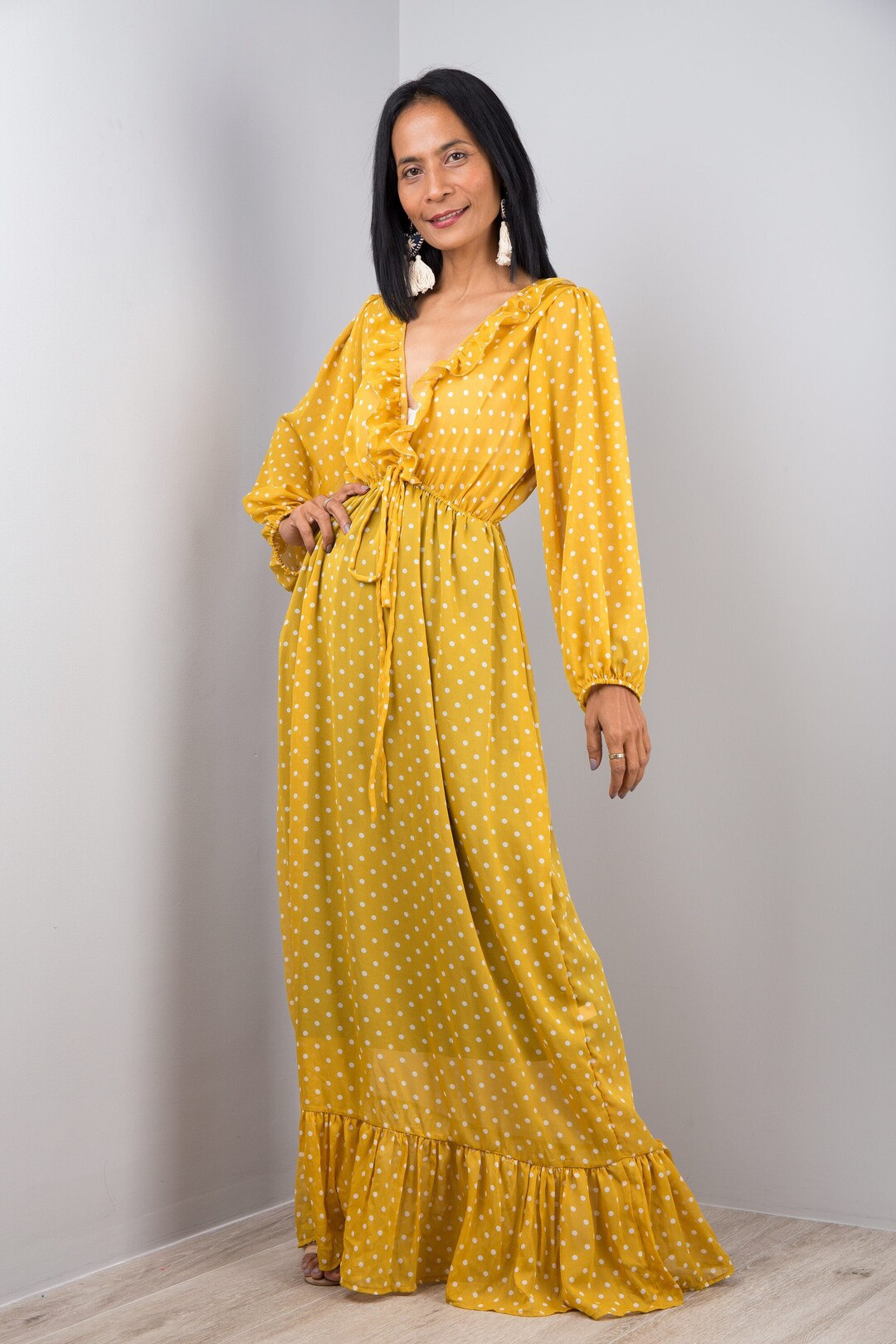 Yellow Chiffon Maxi dress | Party dress by Nuichan
