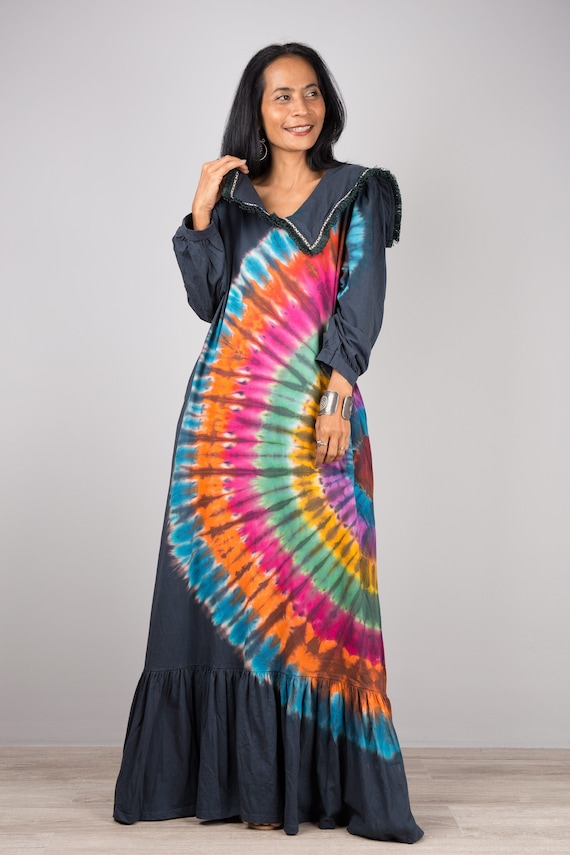 Tie Dye Maxi Dress, Hippie Festival Long Sleeve Sailor Collar - Etsy