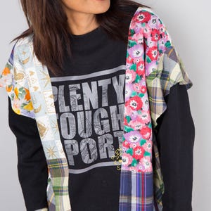 Patchwork sweater, Reworked pullover, Black sweater with plaid and floral patchwork, one of a kind reworked sweater, streetstyle pullover image 3