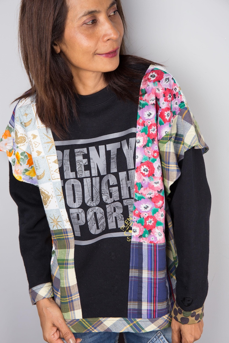 Patchwork sweater, Reworked pullover, Black sweater with plaid and floral patchwork, one of a kind reworked sweater, streetstyle pullover image 3