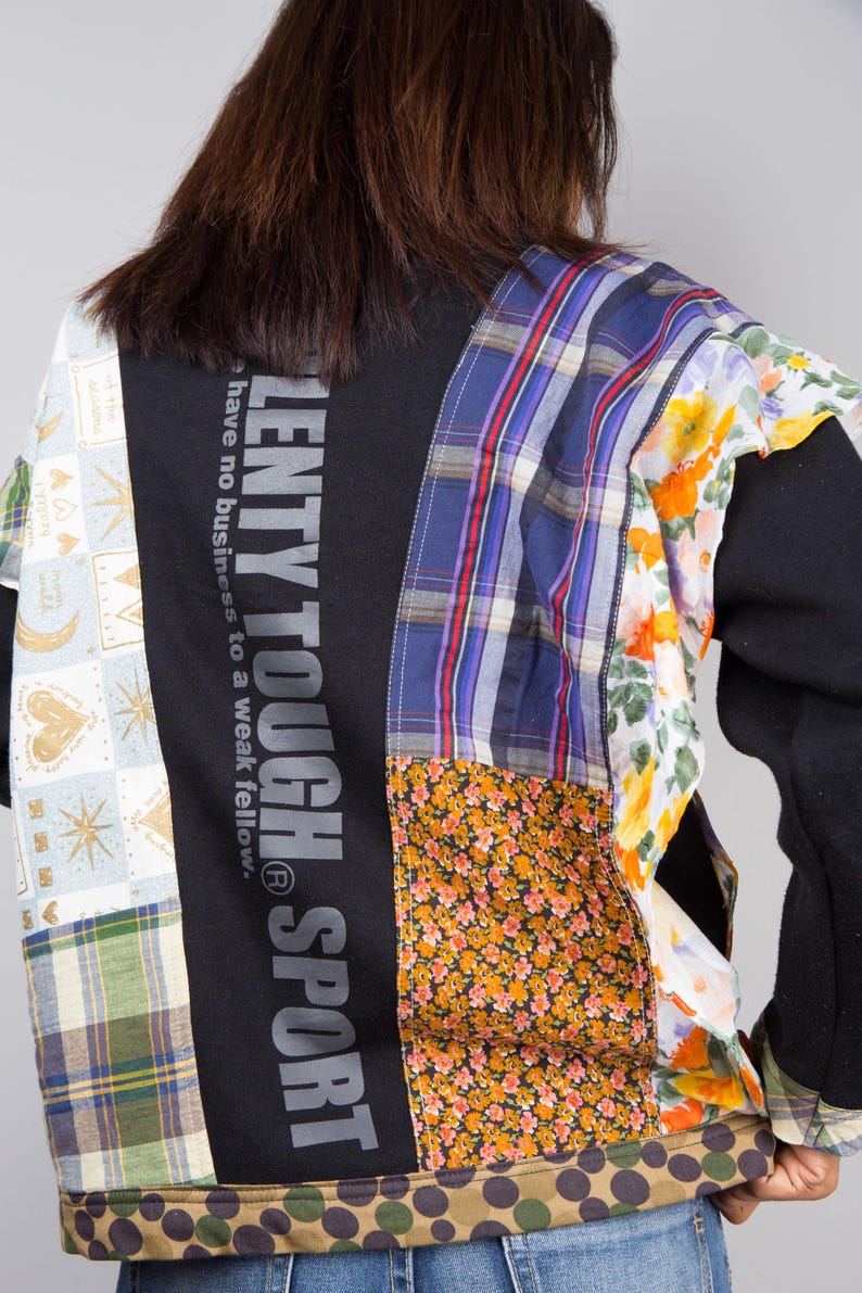 Patchwork sweater, Reworked pullover, Black sweater with plaid and floral patchwork, one of a kind reworked sweater, streetstyle pullover image 9