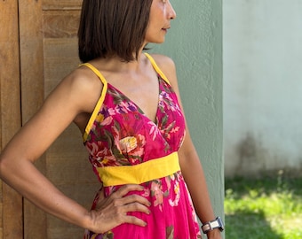 Floral Maxi Dress, Pink Cotton dress, Flower print dress, V Neck Dress, Cotton strap dress for summer