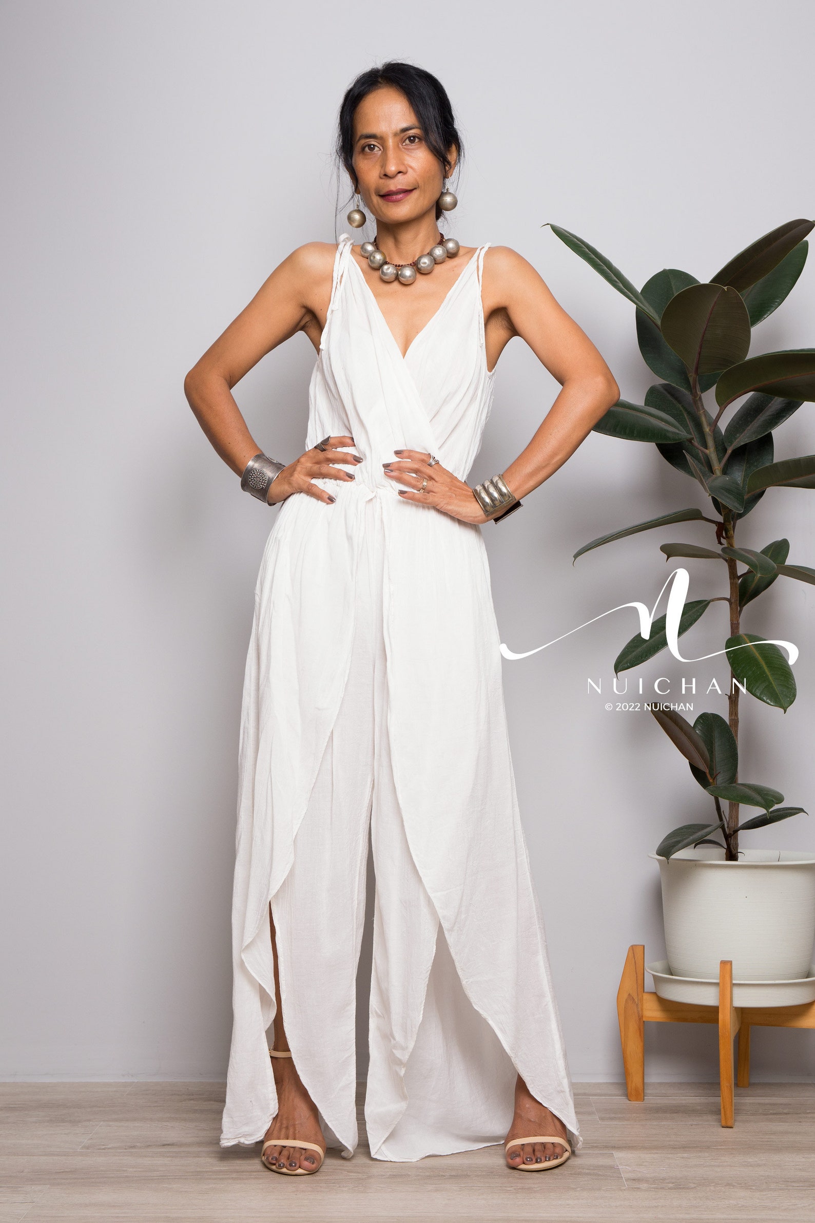 White Cotton Jumpsuit Boho Jumpsuit With High Split Pants - Etsy
