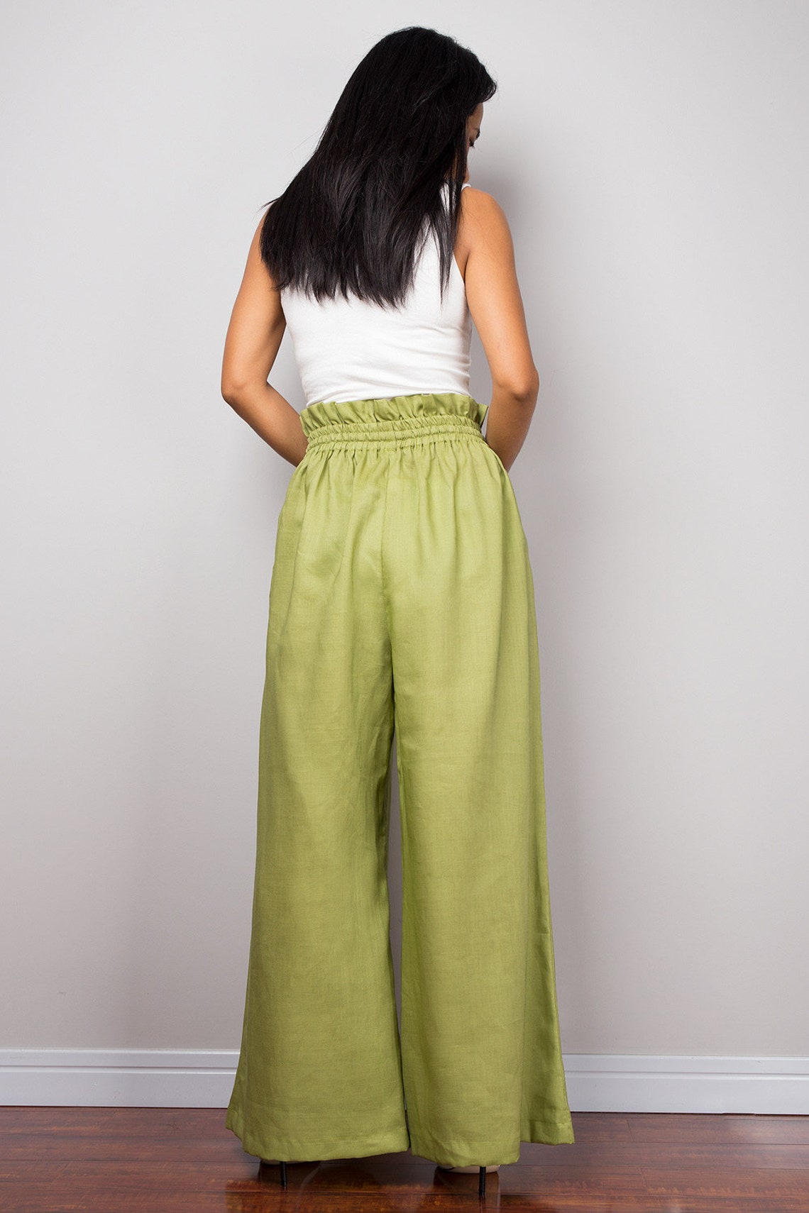Green Linen trousers Handmade long wide leg palazzo pants Etsy