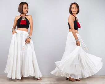 White Cotton Skirt for women, Tiered maxi skirt, long off white skirt, Full circle skirt with pocket, boho summer skirt