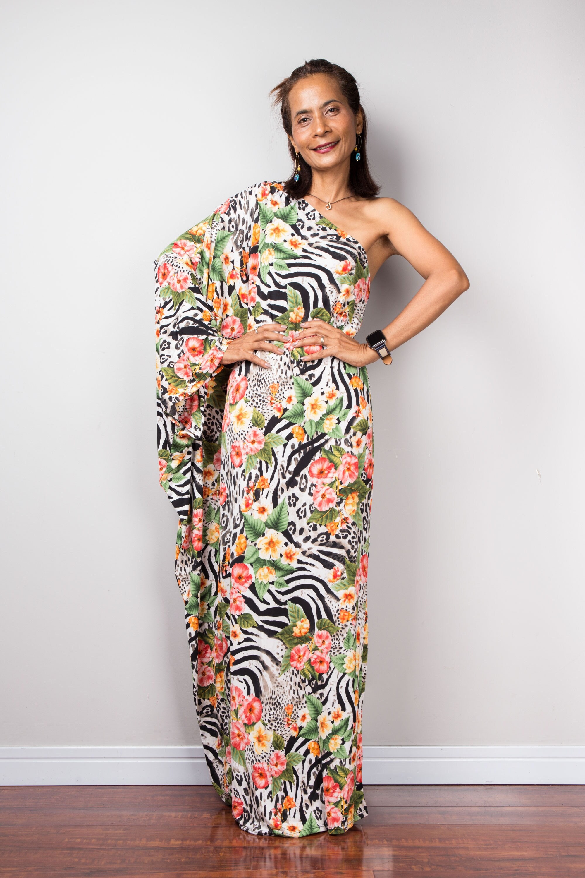Floral one shoulder maxi dress, boho print dress, Off the shoulder boho dress with floral print, a one shoulder long sleeve dress for women