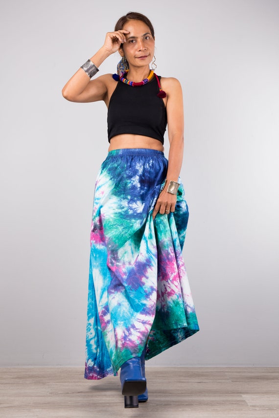 Boho Tie dye maxi skirt with pockets, colorful tie dye skirt, hippie cotton  skirt, Gypsy style summer skirt for women