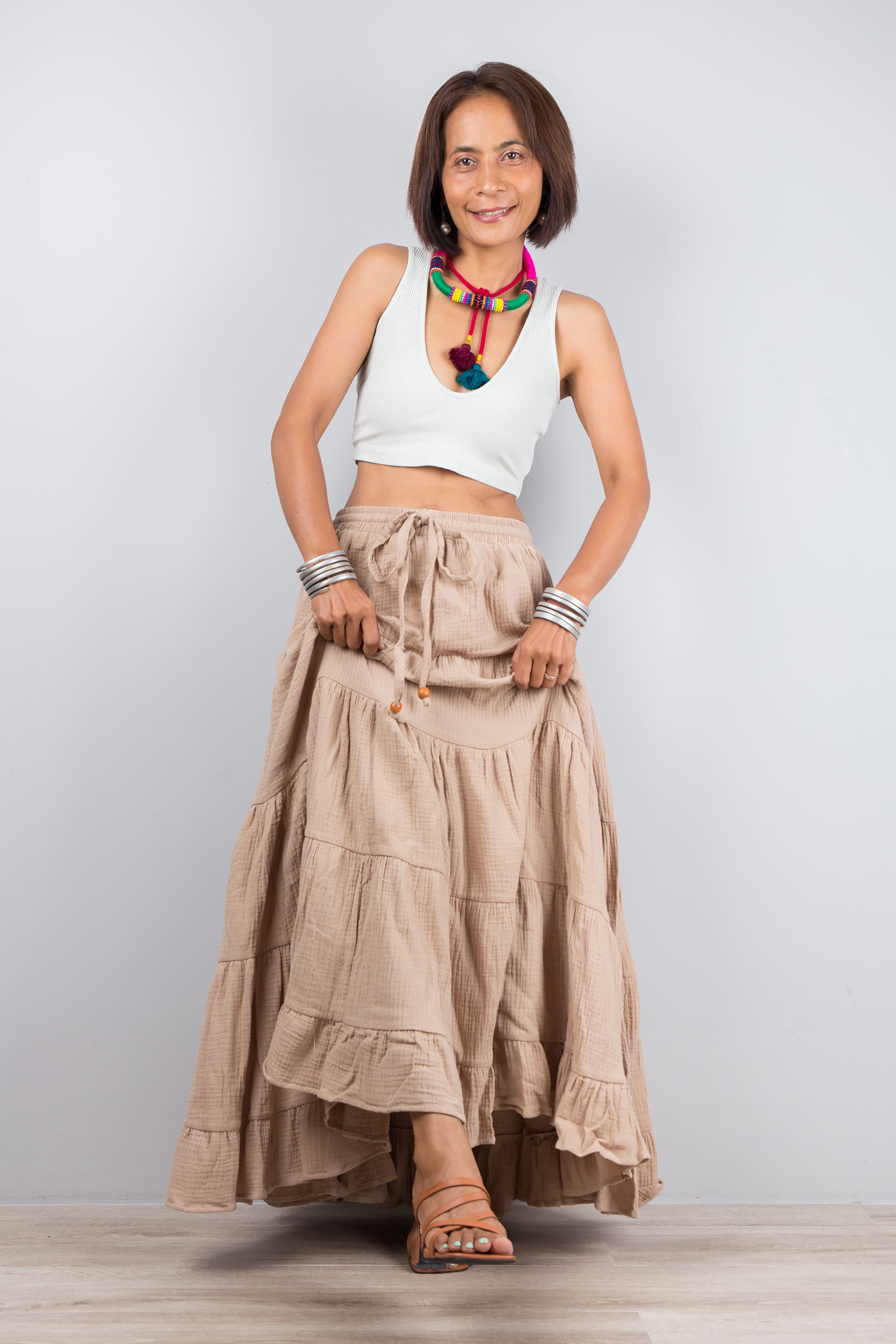 Cotton Maxi Skirt, Tiered Peasant Skirt, Light Brown Skirt