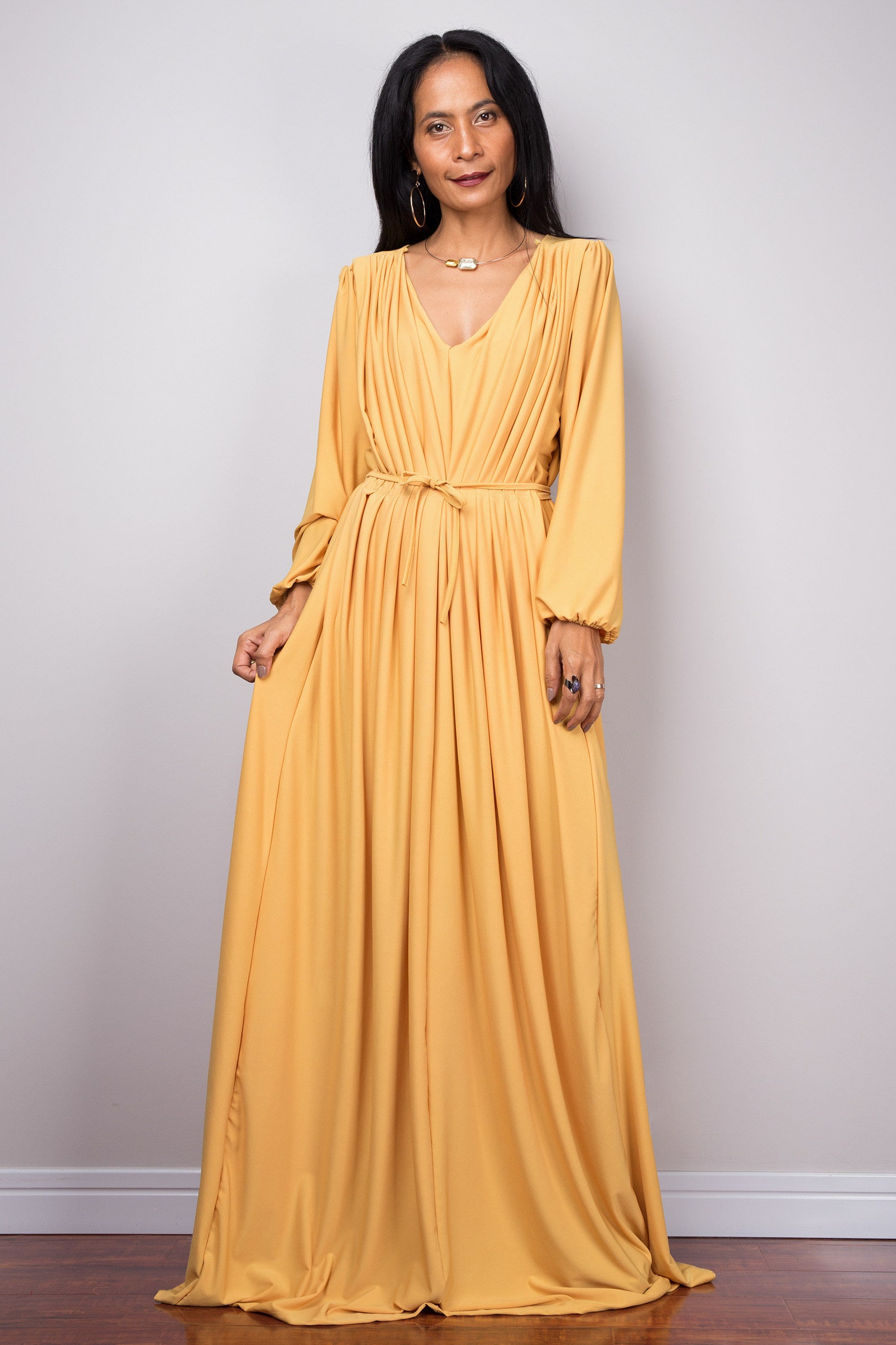 Yellow Dress Evening Maxi Dress Dress Long Sleeves Pleated - Etsy