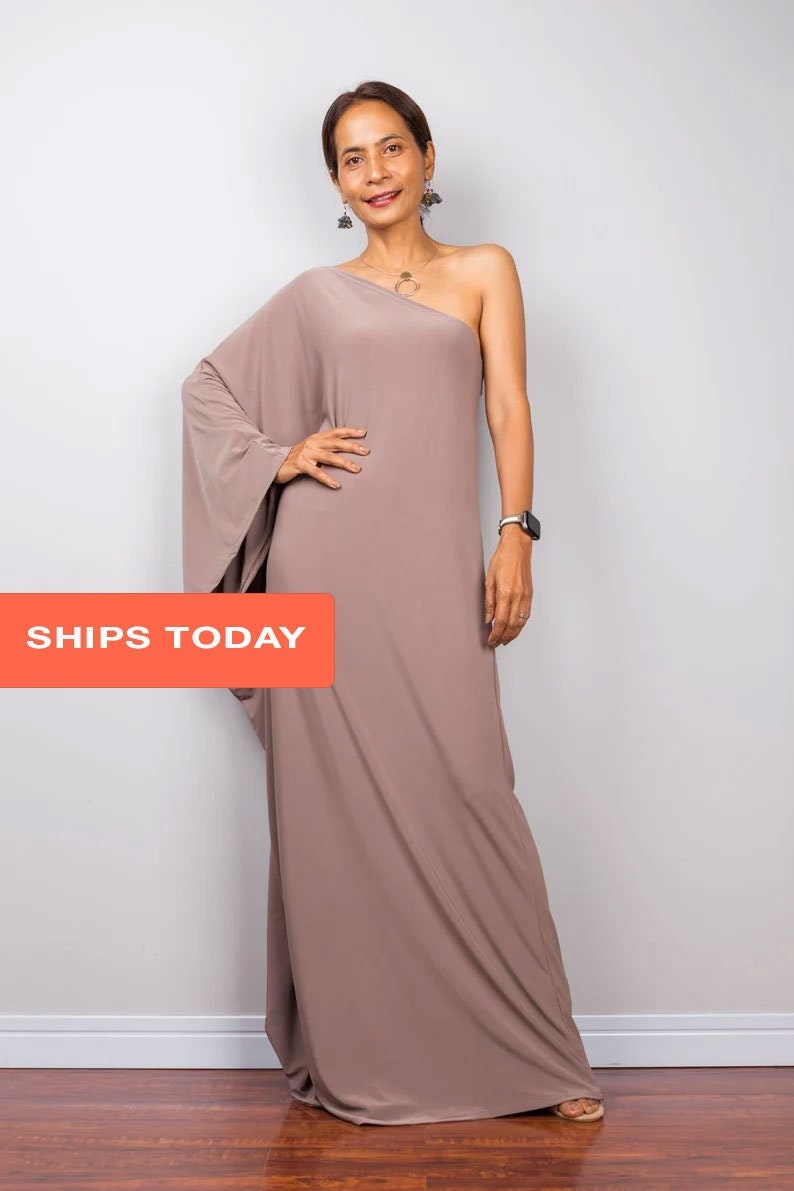 One Shoulder Dress in Taupe, Long Taupe Kaftan Dress, off One Shoulder Dress in Taupe, Long Taupe Kaftan Dress, off
