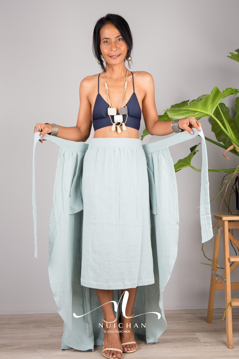 Cotton Wrap Skirt for women. A cotton gauze summer Skirt.  Asymmetrical organic cotton skirt in soft green.  Beach holiday resort skirt.