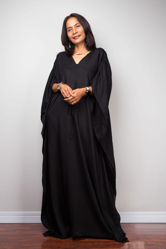 chinese dress ladies Black Fur Kaftan Dress