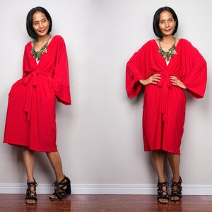 Short red dress with big sleeves, red dress with v neck, red kimono dress with sash, red dress with pockets, gift for her