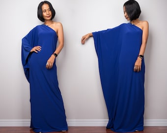 Robe longue bleue, robe longue bleue, robe caftan bleu royal, robe de soirée à épaules dénudées, robe de gala, robe asymétrique, robe bleu cobalt