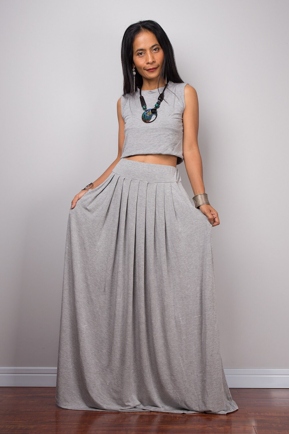 long grey skirt outfit