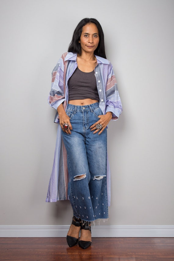 short front long back shirt dress Buy Summer Cotton Shirt Dress, Striped Women's Shirt Top. Short Front Long in the Back Dress, Festival Outfit, Long Sleeve Dress, Duster Vest Online in India