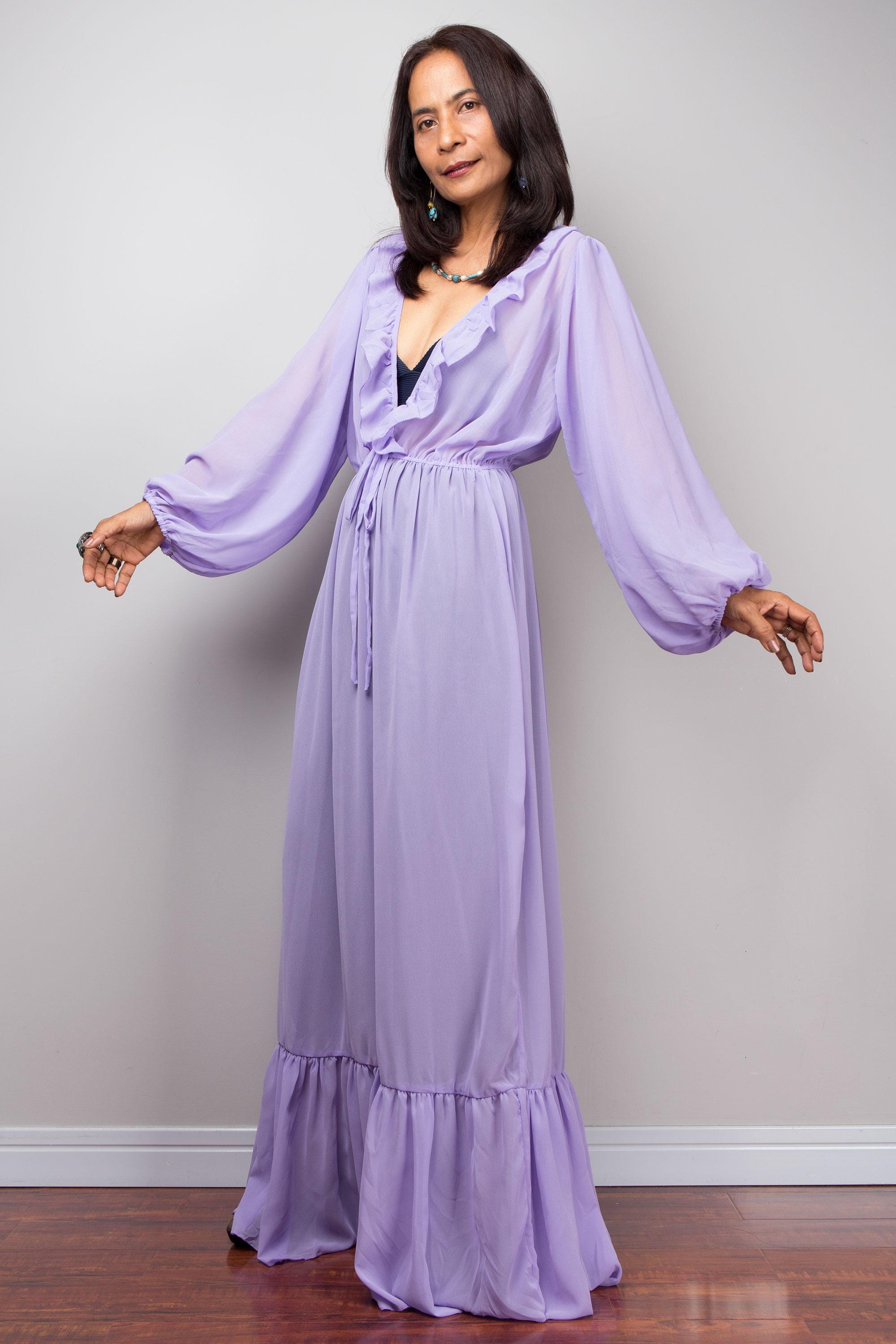 Purple Chiffon Maxi Dress Ruffle V-Neck Boho Gown,