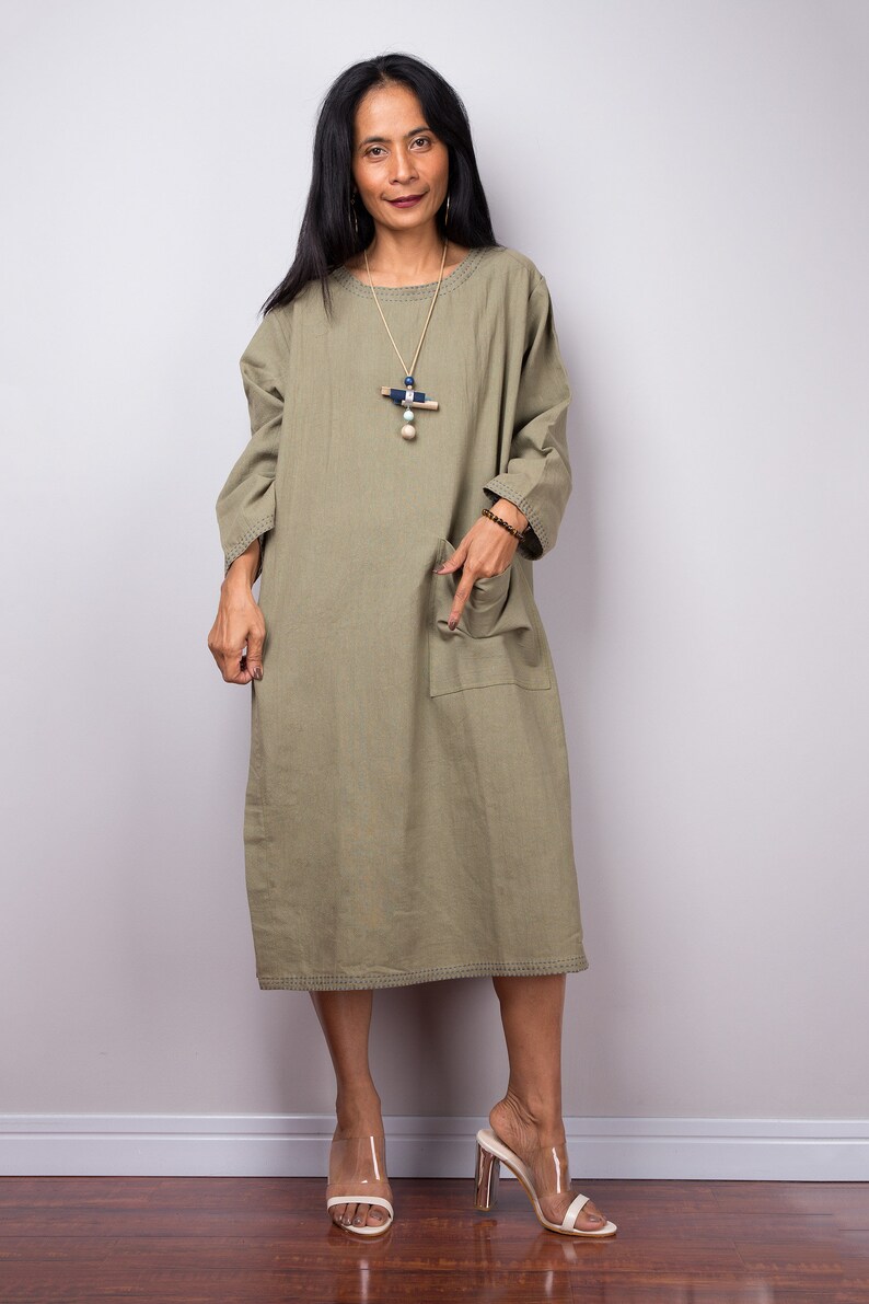 Long Sleeve Midi Dress with Pockets - Green main image 0
