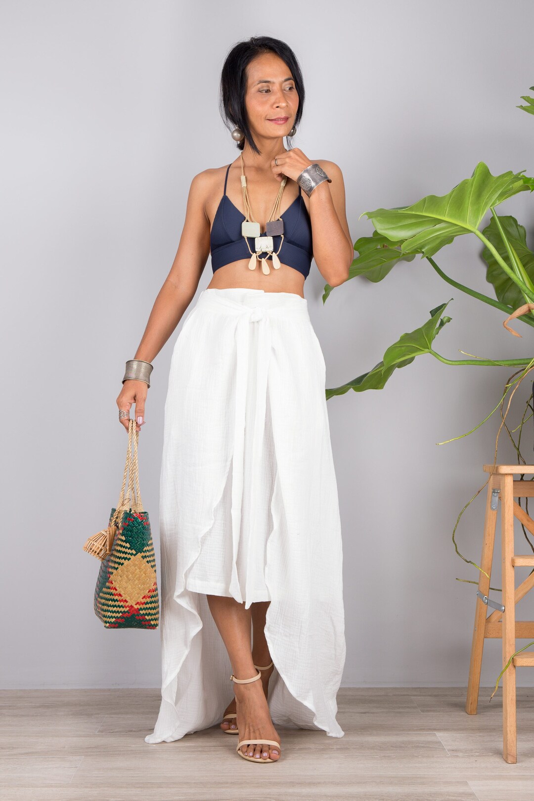 White Solid High Waist Cotton Summer Skirt With Zipper For Women Everyday Wear Fashion main image 1