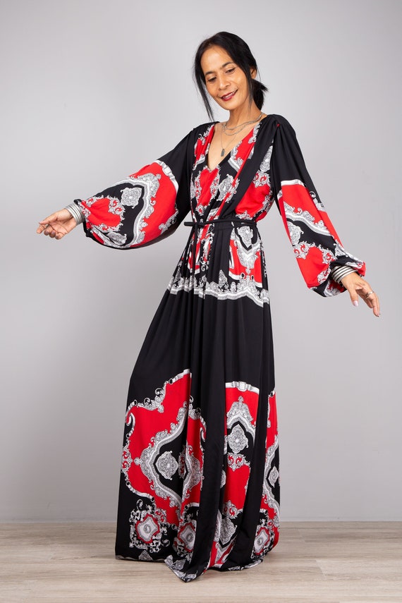 Boho Maxi Dress, Red & Black Print, Long Sleeve Evening Gown
