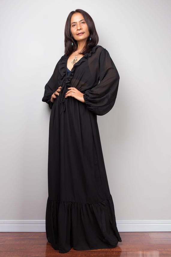 Black Chiffon Maxi Dress, Sheer Boho Ruffle Long Dress Black Chiffon Maxi Dress, Sheer Boho Ruffle Long Dress