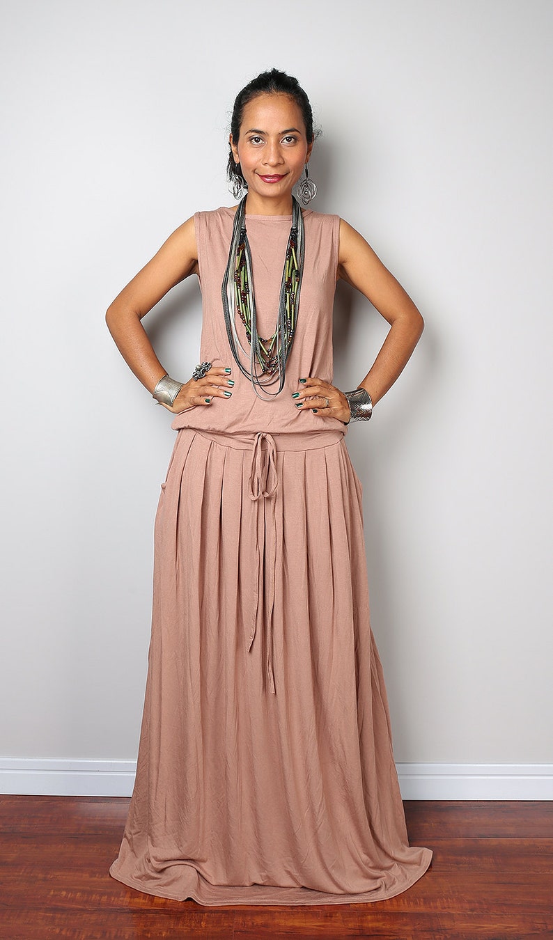 Sleeveless plus size nude brown maxi Dress with pockets Etsy