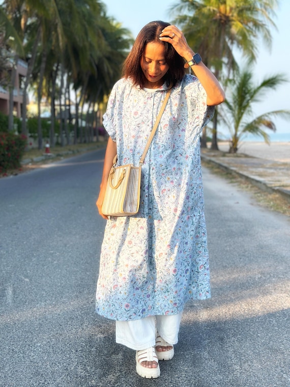 casual oversized dress Cotton midi dress for women, Ditsy floral dress for summer, Short sleeve Cotton dress, comfortable loose fit dress, Casual Oversized dress
