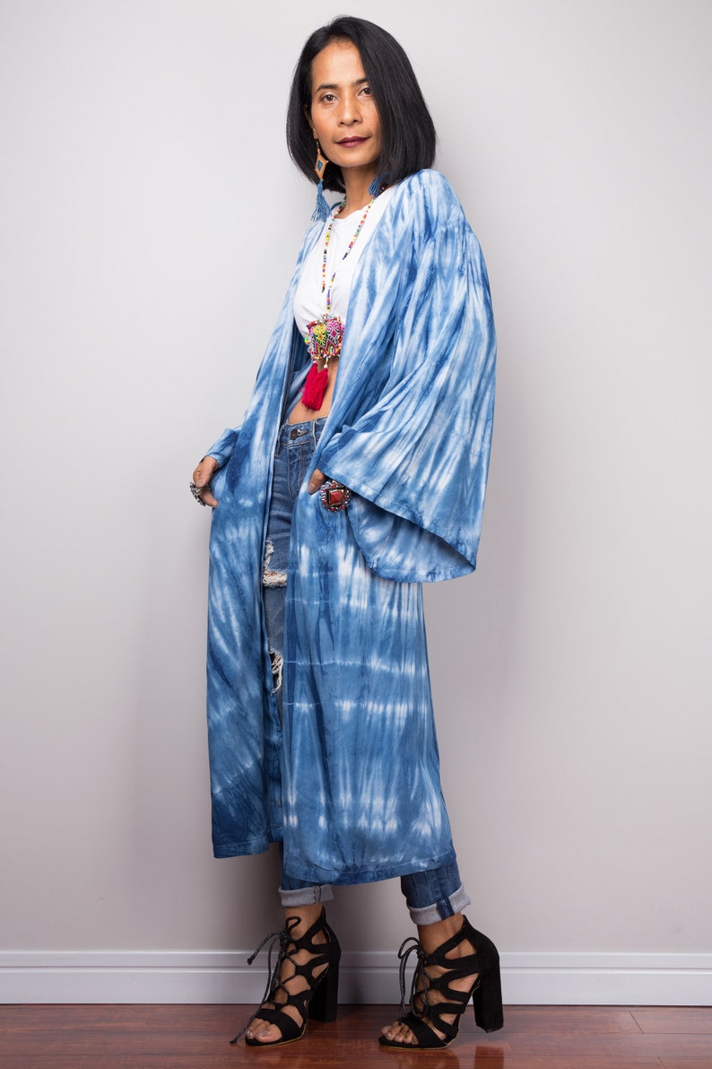 Shibori Kimono Cardigan, Tie dye duster vest, Summer Vest, Blue and white duster, Wrap Cape, Long Sleeved Cardigan, Indigo Beach cover image 4
