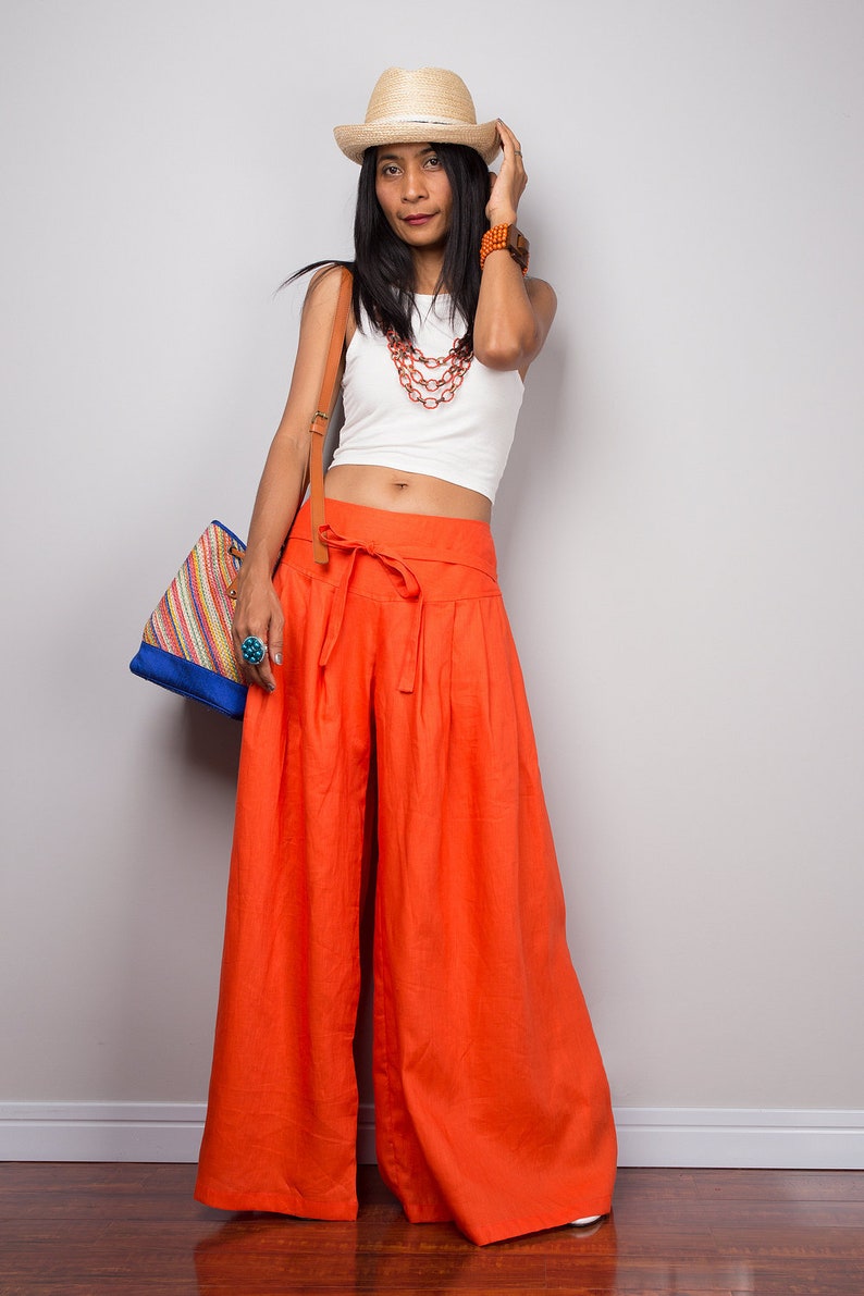 Orange pants Linen Pants Wide Leg Pants Summer Pants : | Etsy