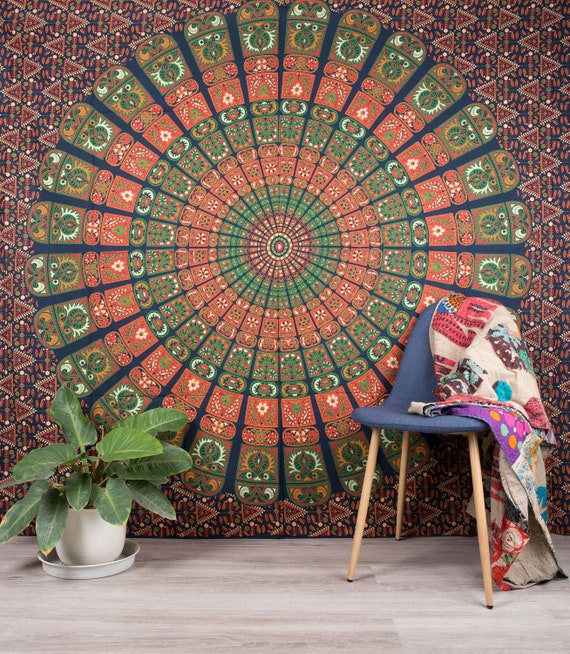 Throw Tapestry- Green Mandala Design Throw Tapestry- Green Mandala Design