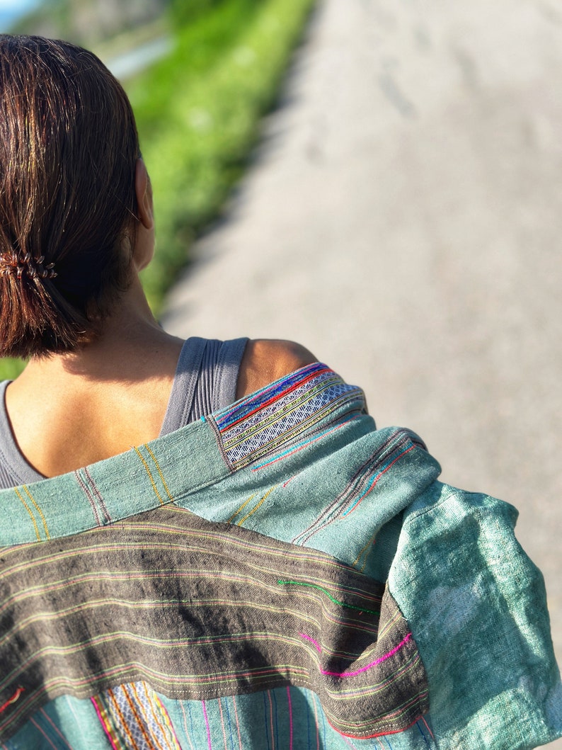 Open front cardigan, Green hemp coat, Handwoven hemp duster , Soft green tie dye coat with Hmong embroidery details image 10