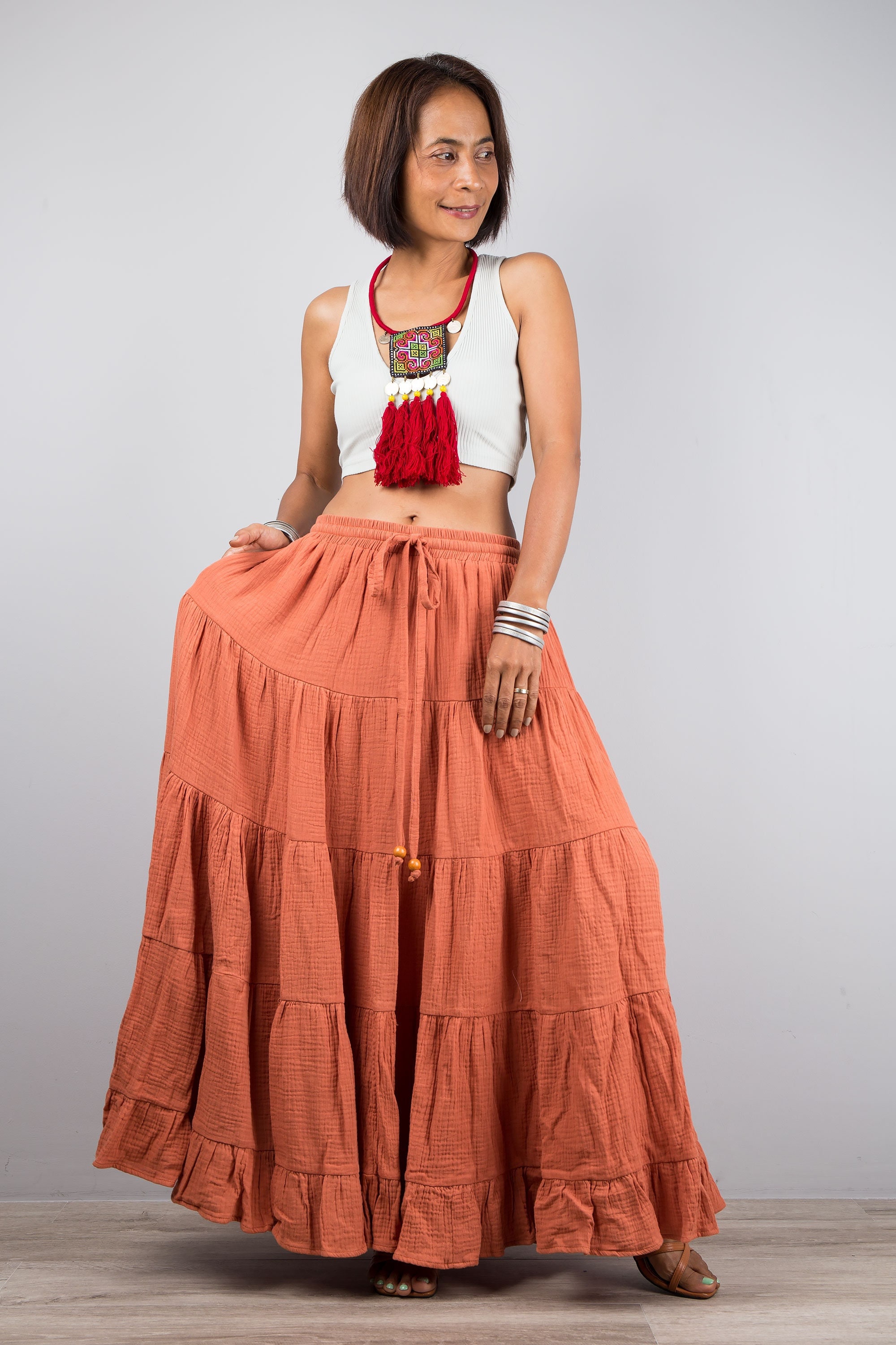 ORANGE SKIRT, Double Cotton Gauze Skirt, Tiered Peasant Maxi Skirt