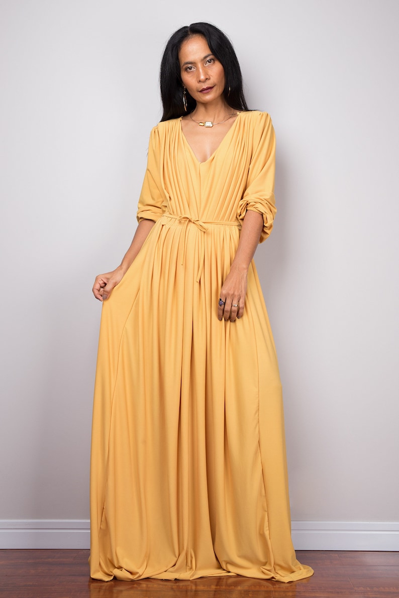 Yellow Dress Evening Maxi Dress Dress Long Sleeves Pleated - Etsy