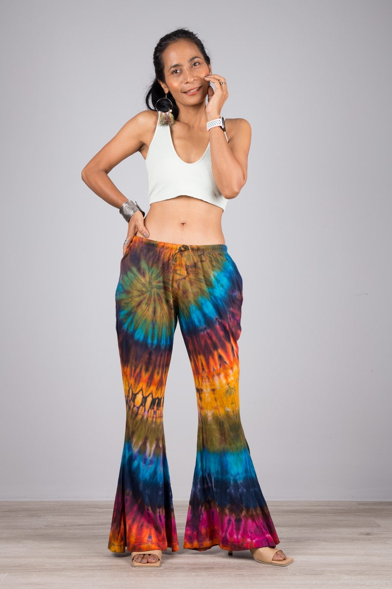 Boho hippie flare pants Wide leg pants Tie dye rainbow summer pants Flare bell bottoms pants image 2