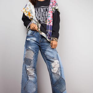 Patchwork sweater, Reworked pullover, Black sweater with plaid and floral patchwork, one of a kind reworked sweater, streetstyle pullover image 2